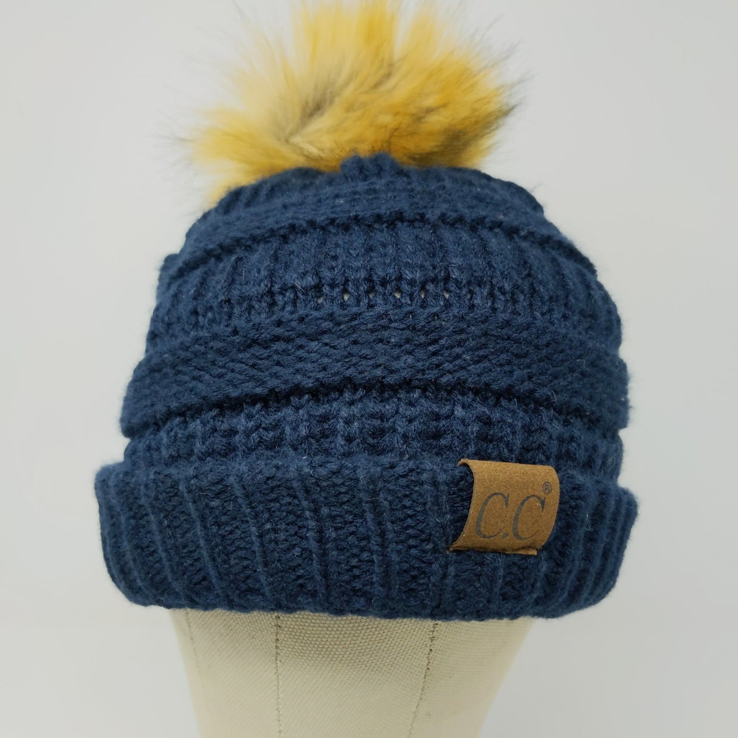 C.C. Women's Cable Knit Beanie Hat Blue Pom Pom Soft Warm 100% Acrylic