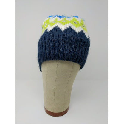 Land's End 100% Acrylic Beanie Hat Blue Size M-L Striped Diamond Pattern