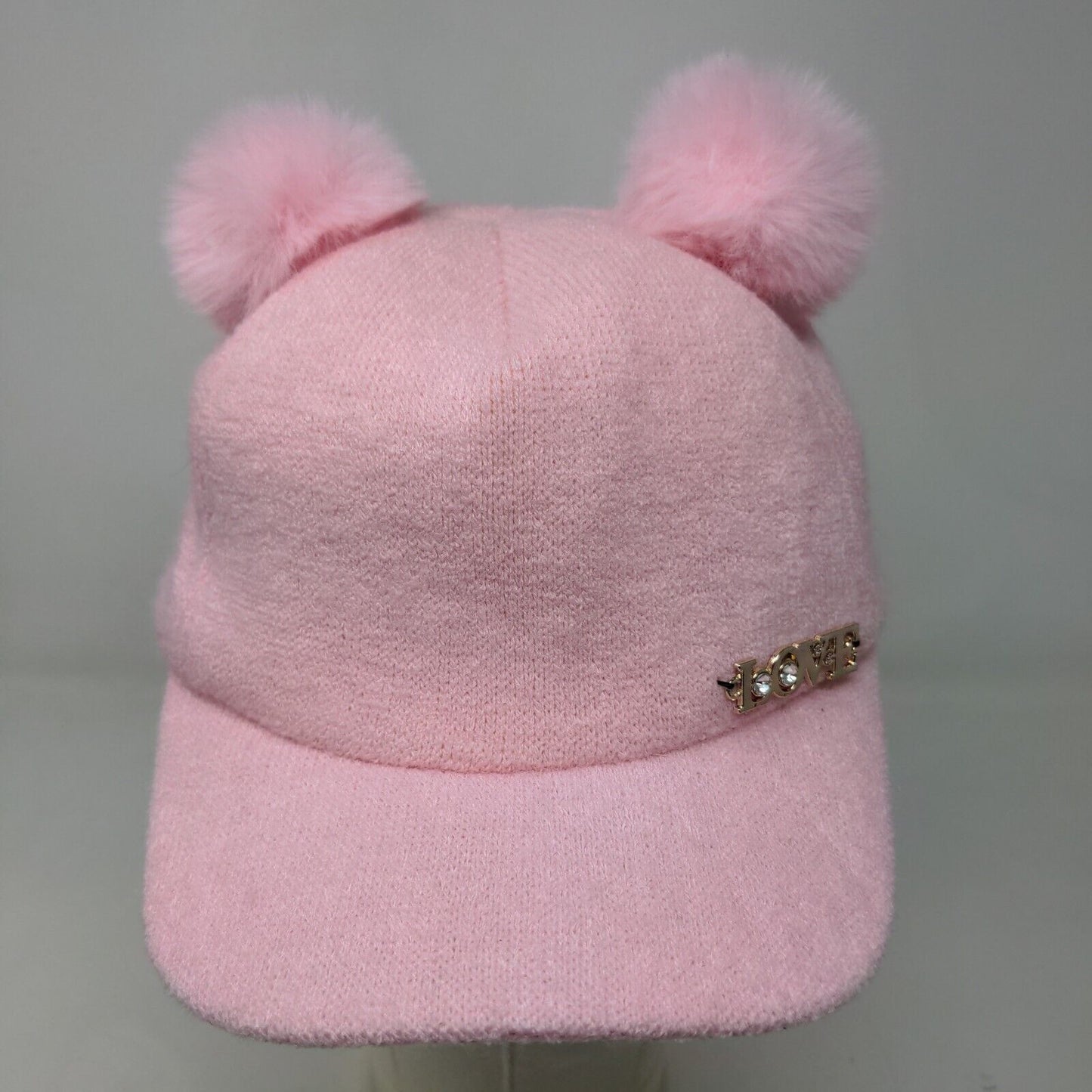 Unbranded Women's Strapback Hat Pink Fleece Fuzzy Pom Poms LOVE Logo