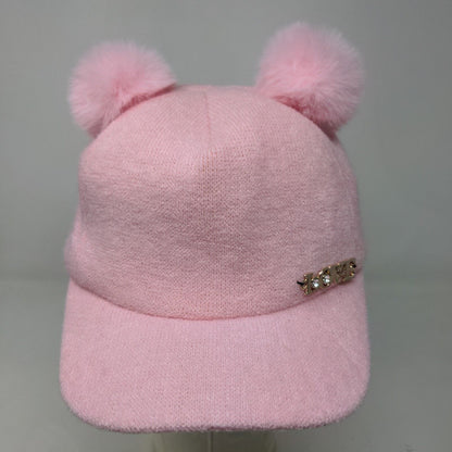 Unbranded Women's Strapback Hat Pink Fleece Fuzzy Pom Poms LOVE Logo