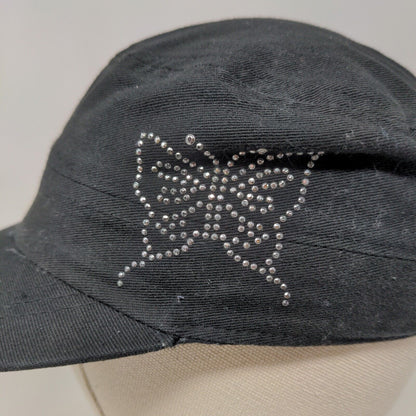 Unbranded Women's Cadet Cap Black Rhinestone Butterfly Logo Cute