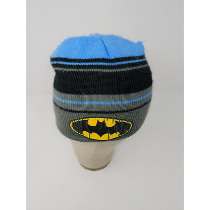 Youth Boys DC Comics Beanie Hat Striped Blue Black Gray Graphic Logo SEE DESC