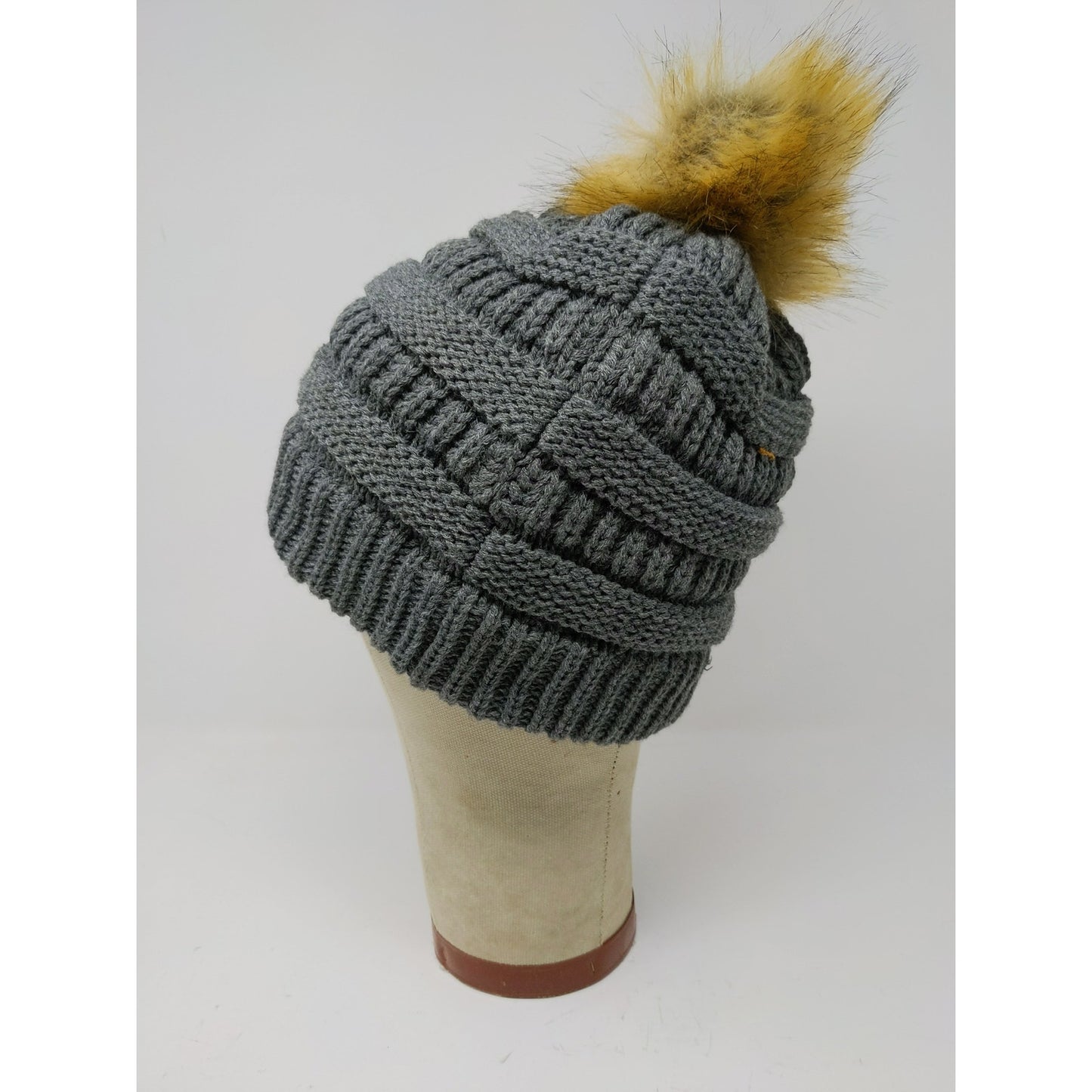 C.C. Exclusives Knit Beanie Hat Fur Pom Pom Gray 100% Acrylic