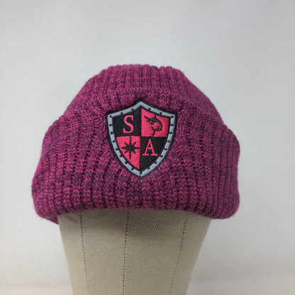 Unbranded Women's Knit Beanie Hat Pink Marled Acrylic Embroidered Logo