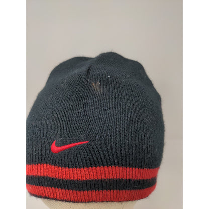 Nike Reversible Knit Beanie Hat Black Red Striped Embroidered Swoosh Logo