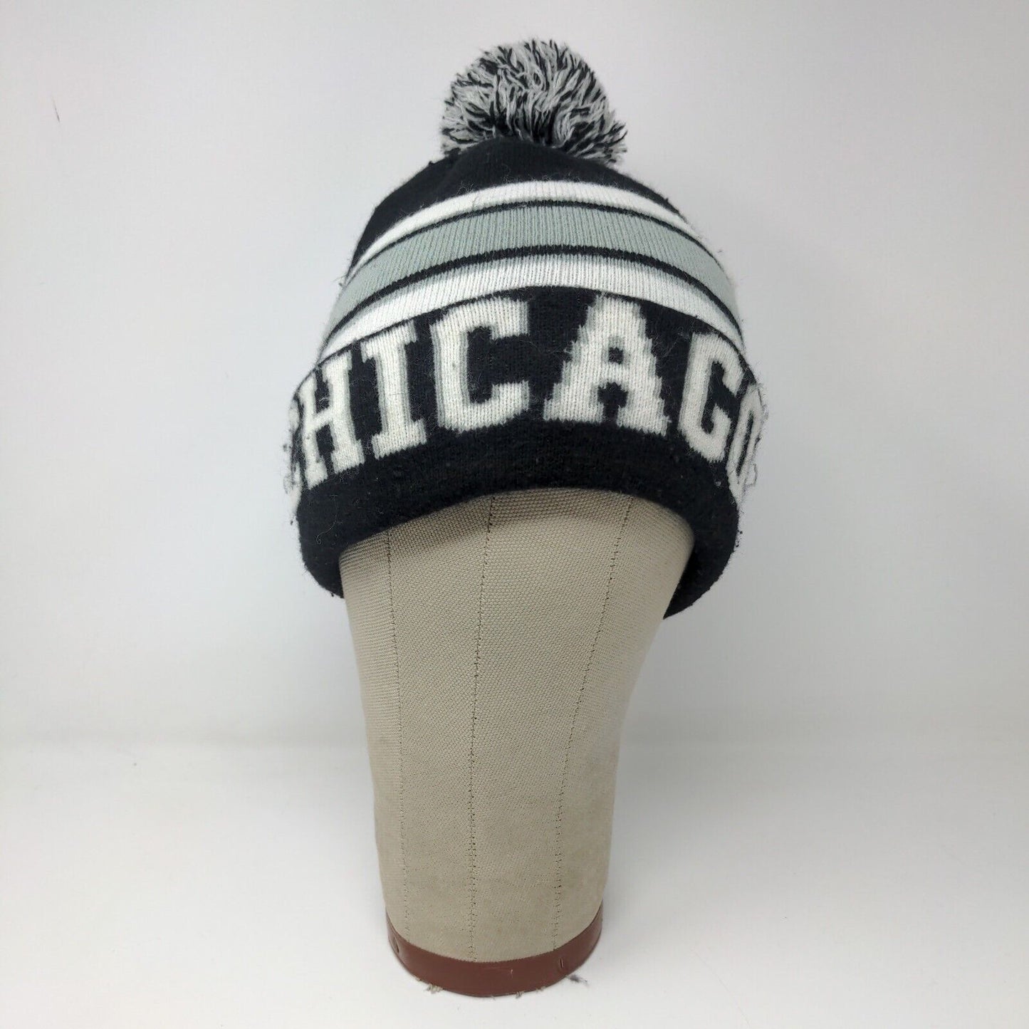 Chicago Spell Out Winter Knit Hat Pom Pom Cap Black and White