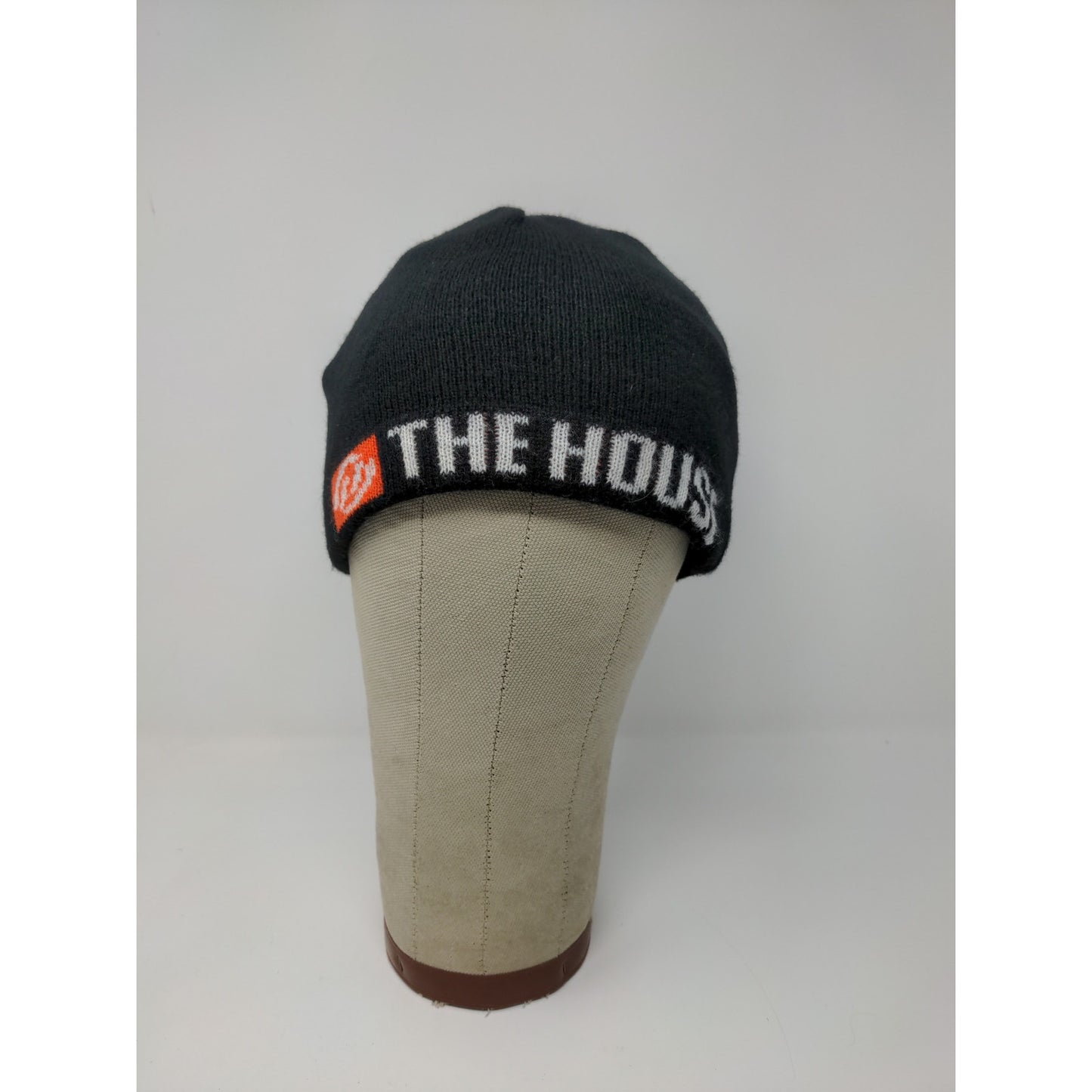 The House Striped Beanie Hat Orange & Black Spell Out Logo Knit