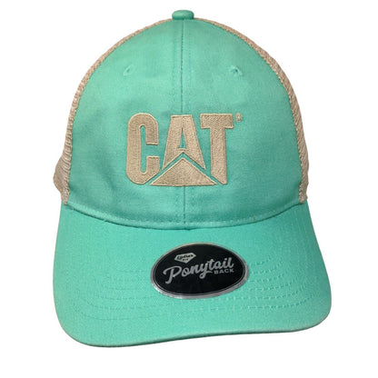 CAT Caterpillar Women's Strapback Mesh Back Hat Blue Green Ponytail Back