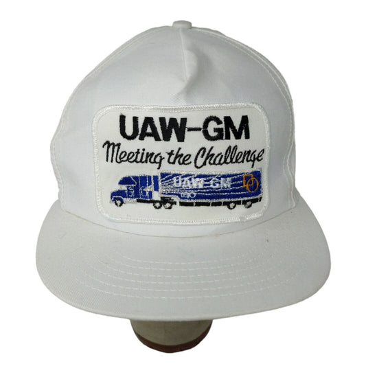 VINTAGE General Motors Hat White Strap Back Cap Trucker Patch Logo UAW GM 80s