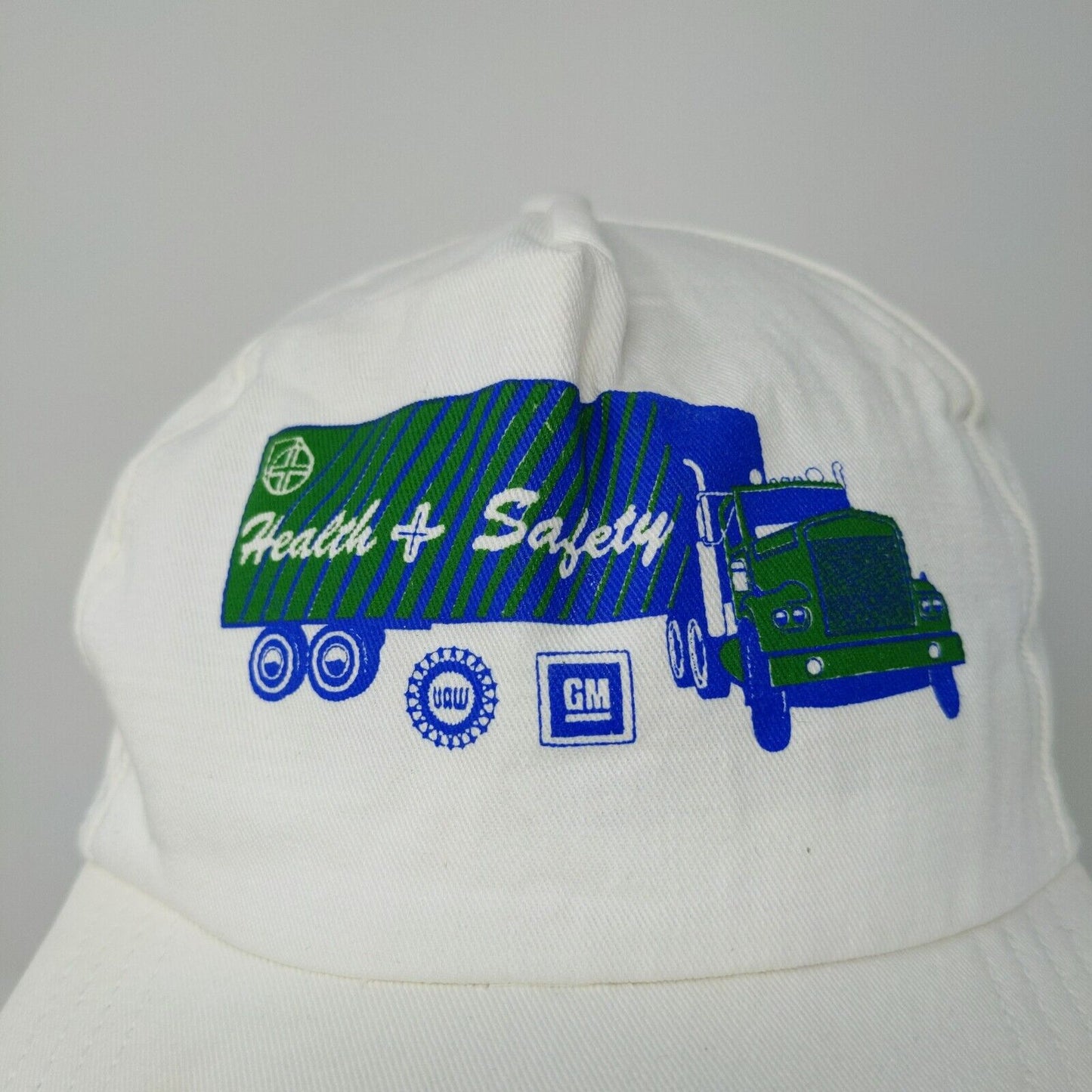 Vintage GM UAW Health & Safety Truck White Slideback Adjustable Hat Cap Men