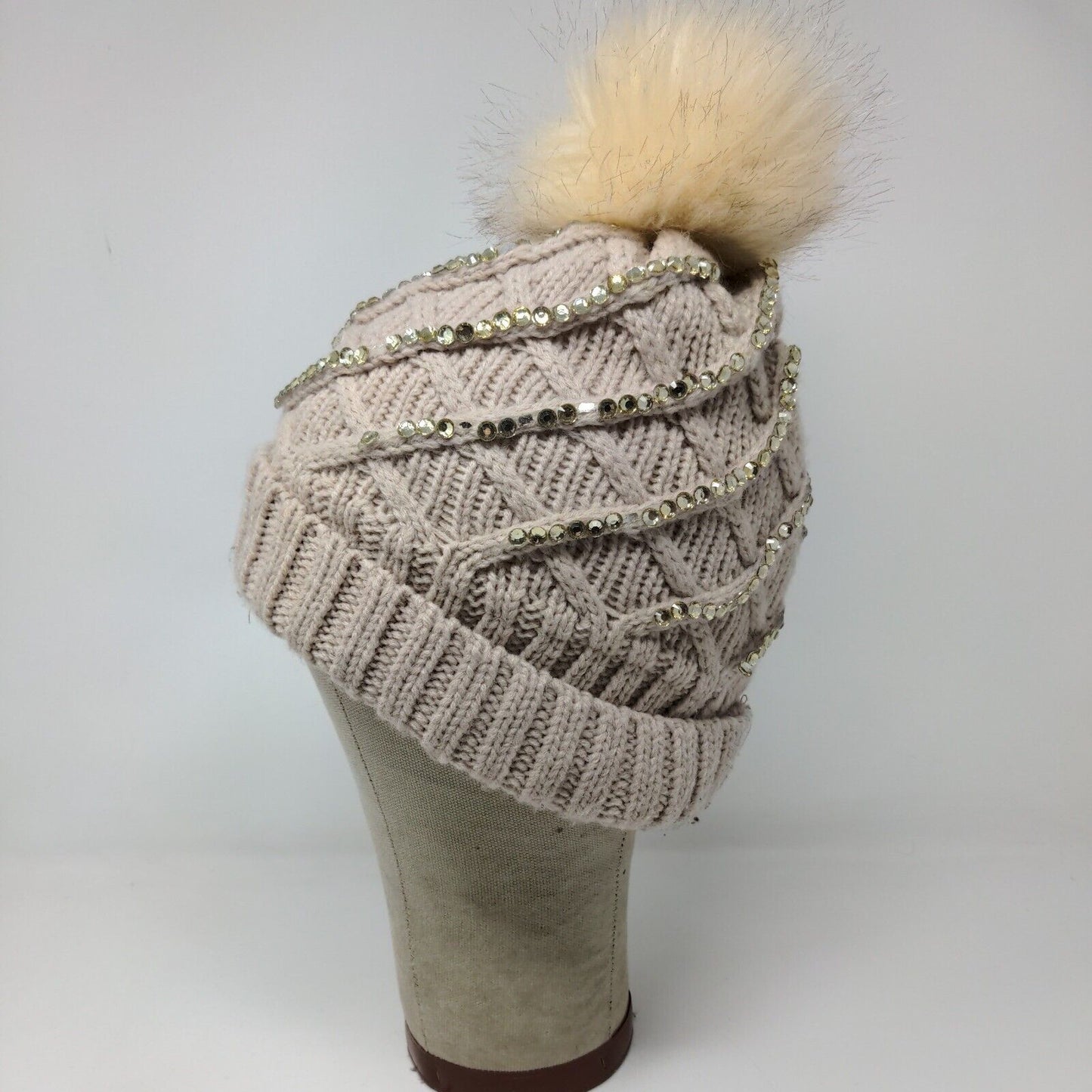 Knit Winter Crystal Bling Studded Pom Pom Cable Knit Beanie Faux Fur Lining Hat