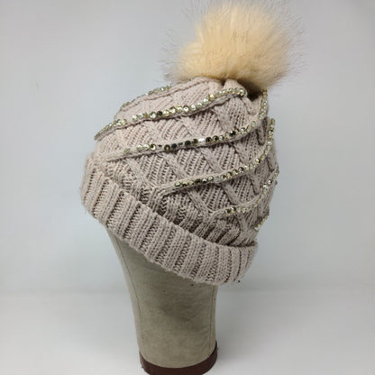 Knit Winter Crystal Bling Studded Pom Pom Cable Knit Beanie Faux Fur Lining Hat