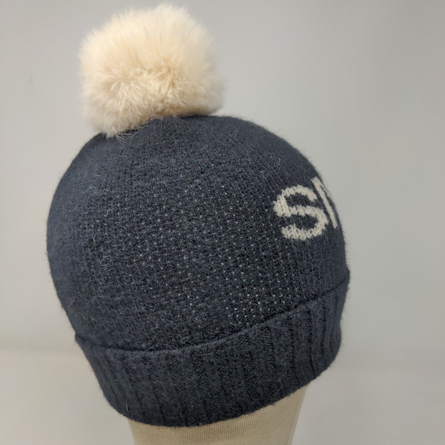 Unbranded Men's Knit Beanie Hat Black Acrylic Pomp Pom Smile Spell Out