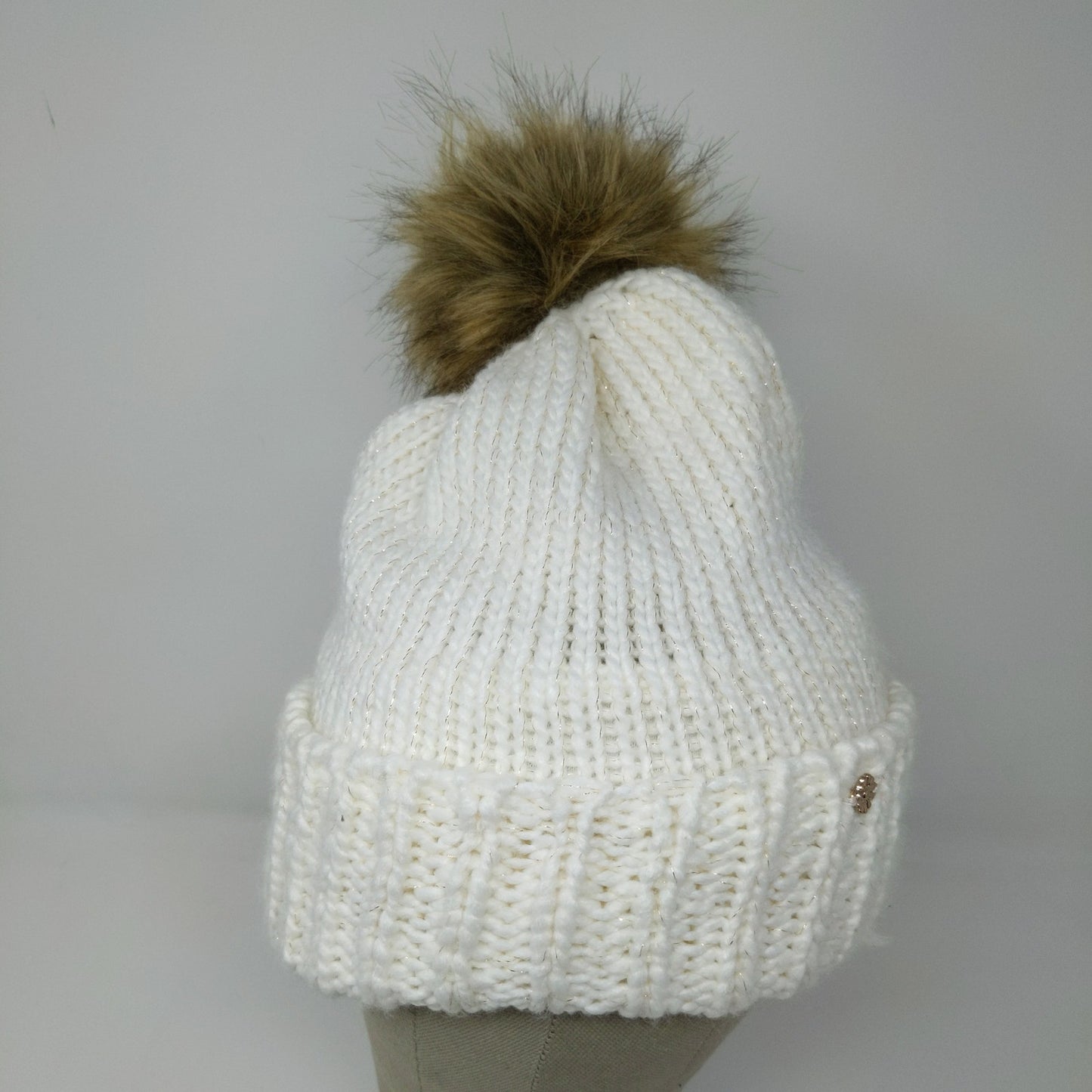 Lauren Conrad Knit Beanie Hat White Cream Faux Fur Pom Pom W/ Pin