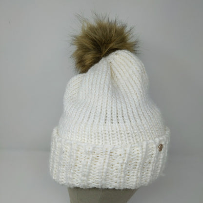 Lauren Conrad Knit Beanie Hat White Cream Faux Fur Pom Pom W/ Pin