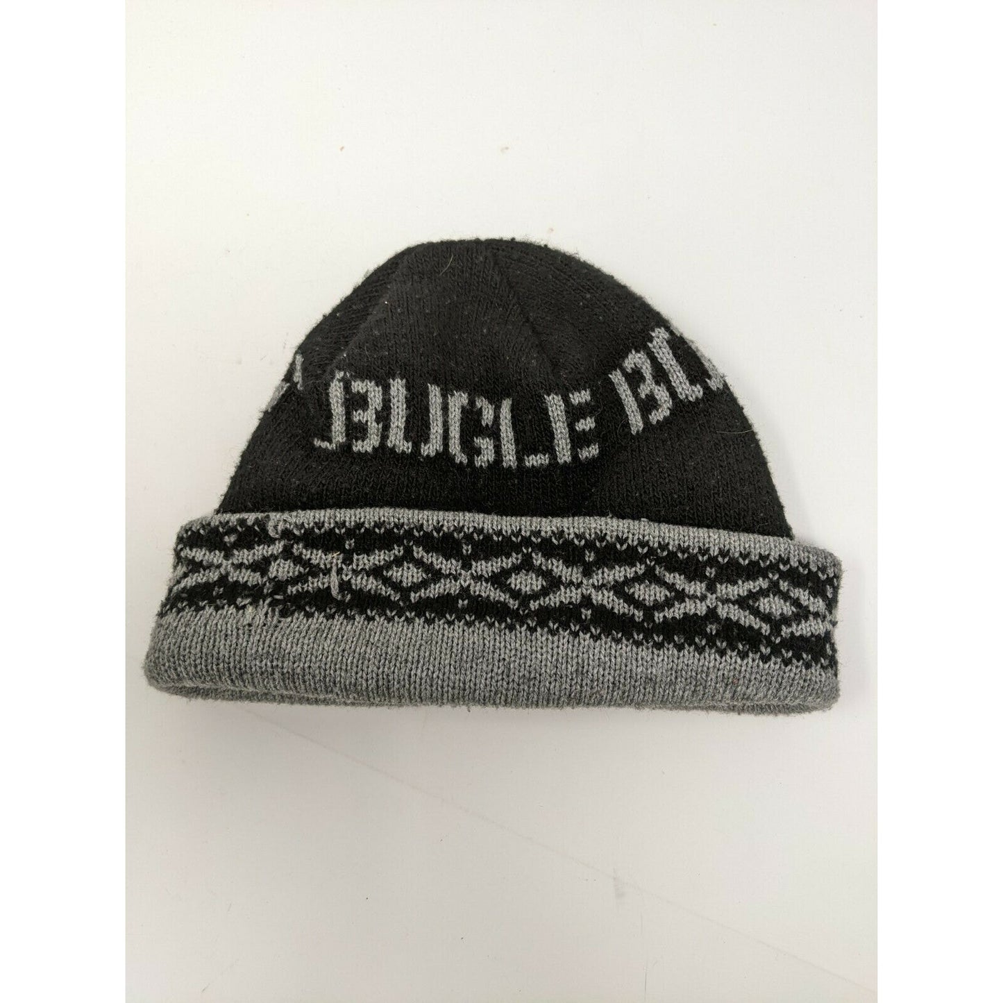 Bugle Boy Beanie Cap Hat Diamond Spell Out Black & Gray Fair Isle Pattern