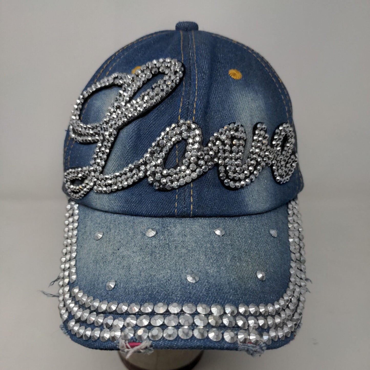 Love Women's Slideback Denim Hat Shiny Big Rhinestones Logo Bling Distressed