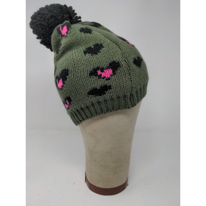 NOBO No Boundaries Beanie Hat Green Hearts Pom Pom One Size Logo