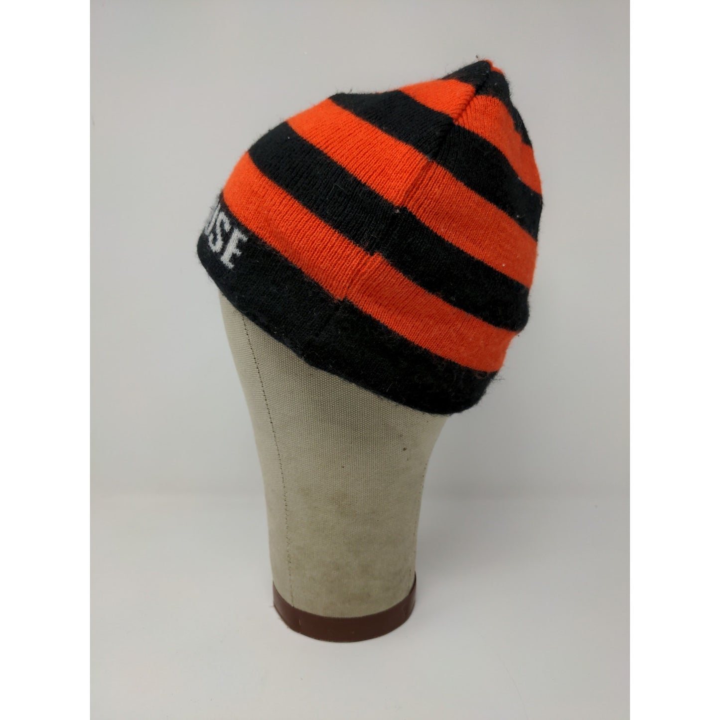 The House Striped Beanie Hat Orange & Black Spell Out Logo Knit