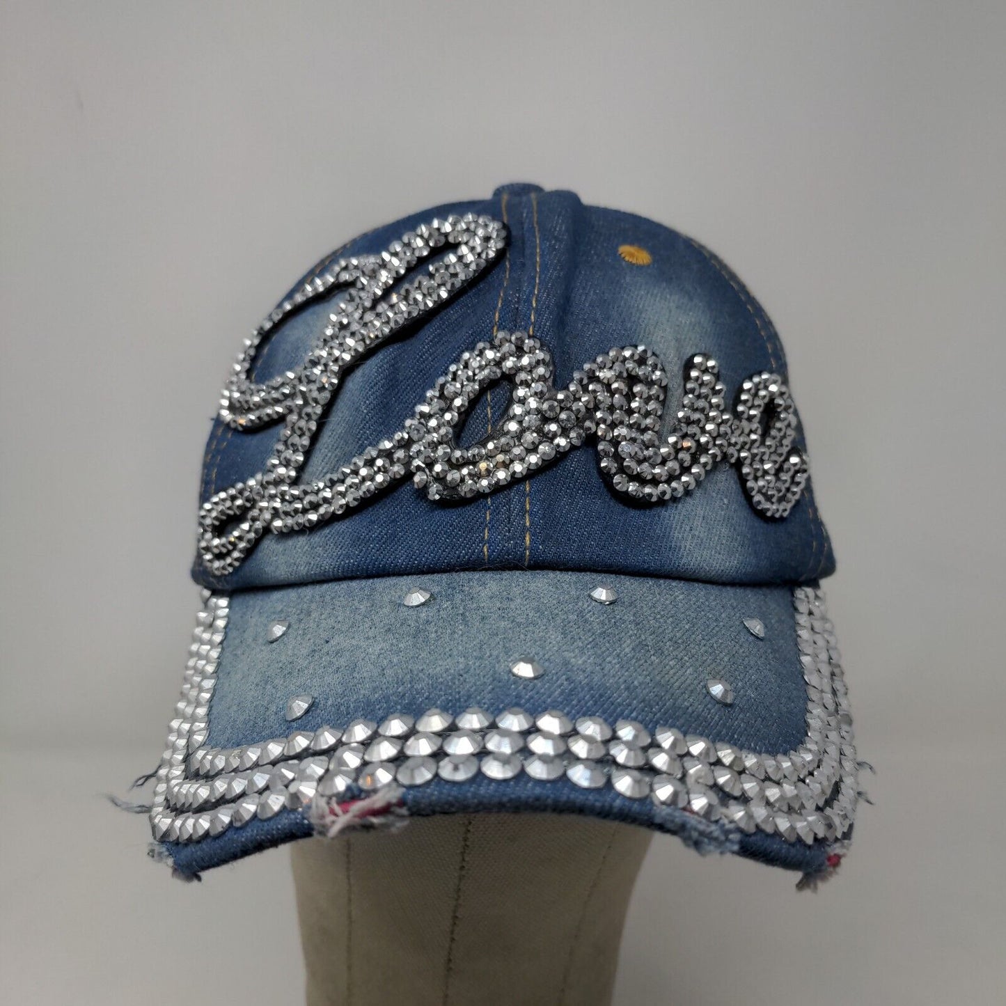 Love Women's Slideback Denim Hat Shiny Big Rhinestones Logo Bling Distressed