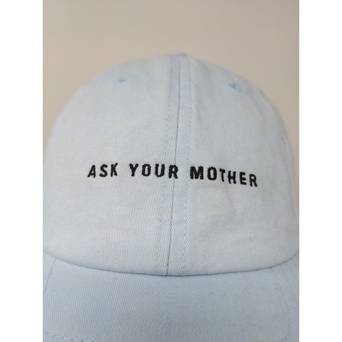Wembley Ask Your Mother Slideback Hat Size OS Blue Embroidered Spell Out