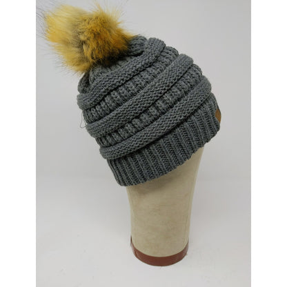 C.C. Exclusives Knit Beanie Hat Fur Pom Pom Gray 100% Acrylic
