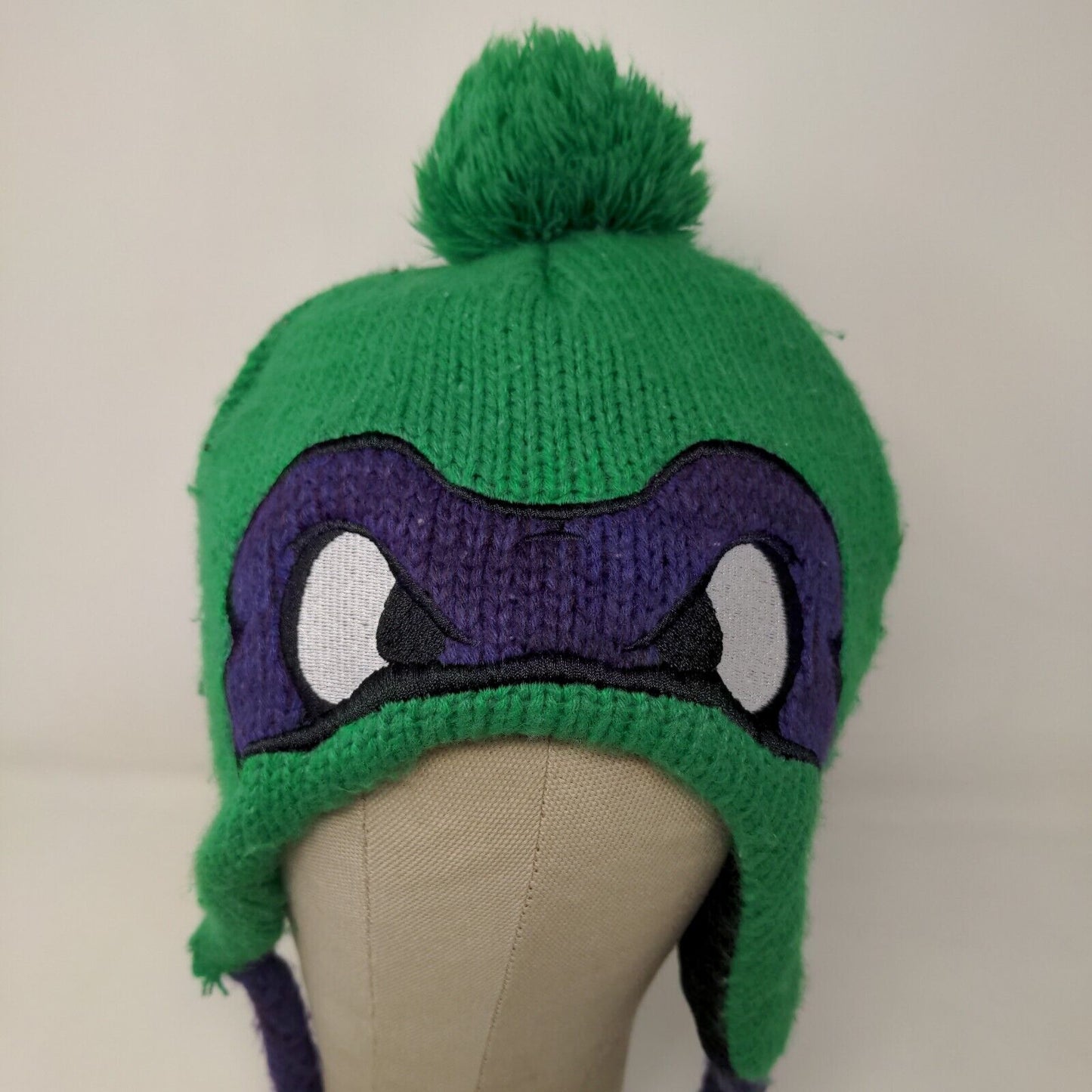 Nickelodeon Boys Winter Beanie Hat Green 14 & Older Ear Flaps Eyes Pom Pom 2013