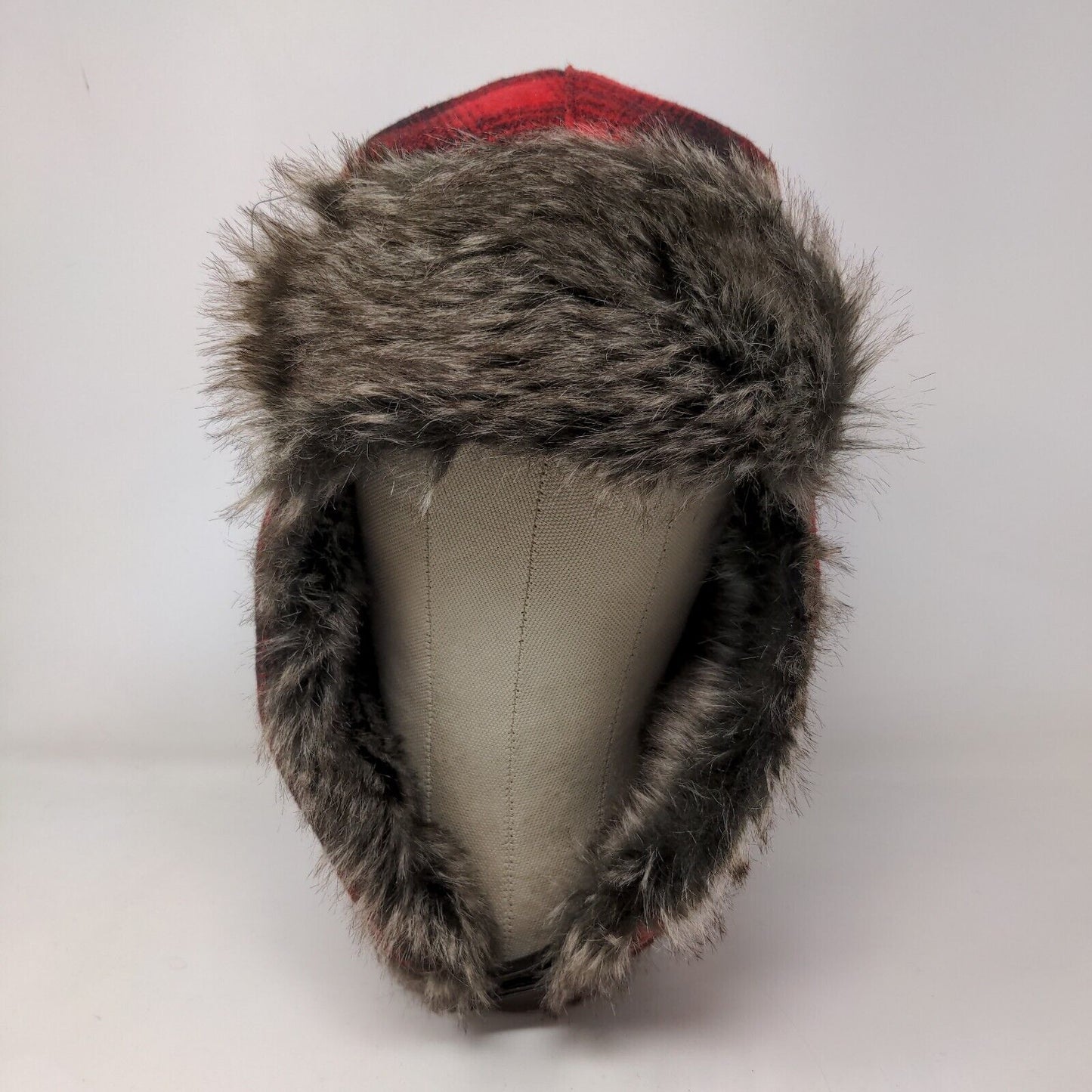 Goodfellow & Co Men's Trapper Hat Red Plaid One Size Vegan Fur Trim Ear Flaps