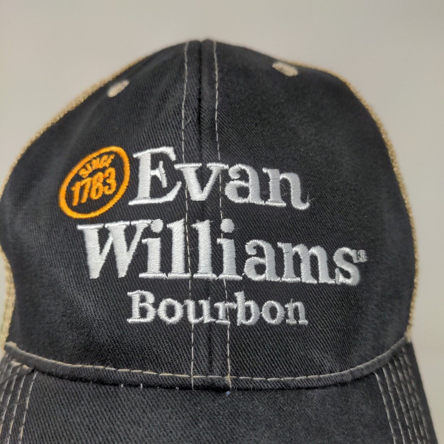 Evan Williams Bourbon Men's Mesh Back Snapback Hat Black Tan Adjustable Logo