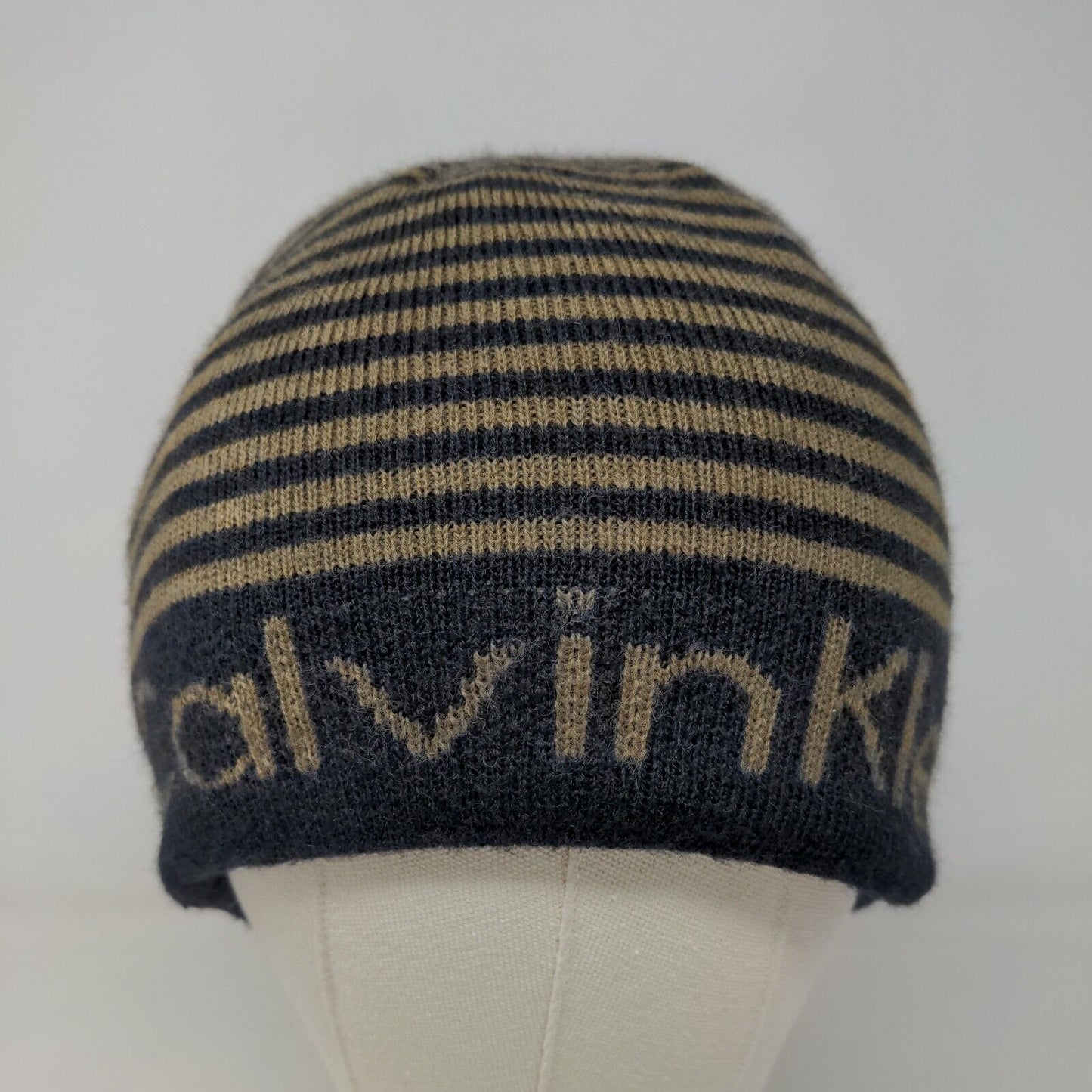 Calvin Klein Men's Beanie Hat Black 100% Acrylic Striped Spell Out