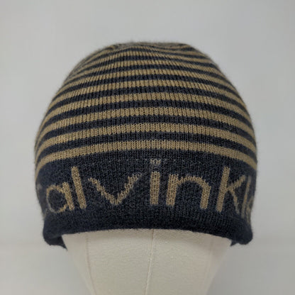 Calvin Klein Men's Beanie Hat Black 100% Acrylic Striped Spell Out