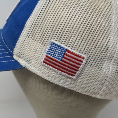 BEC Snapback Meshback Hat Embroidered Logo American Flag Blue White