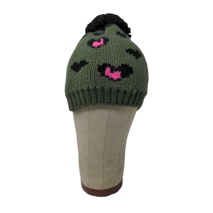NOBO No Boundaries Beanie Hat Green Hearts Pom Pom One Size Logo