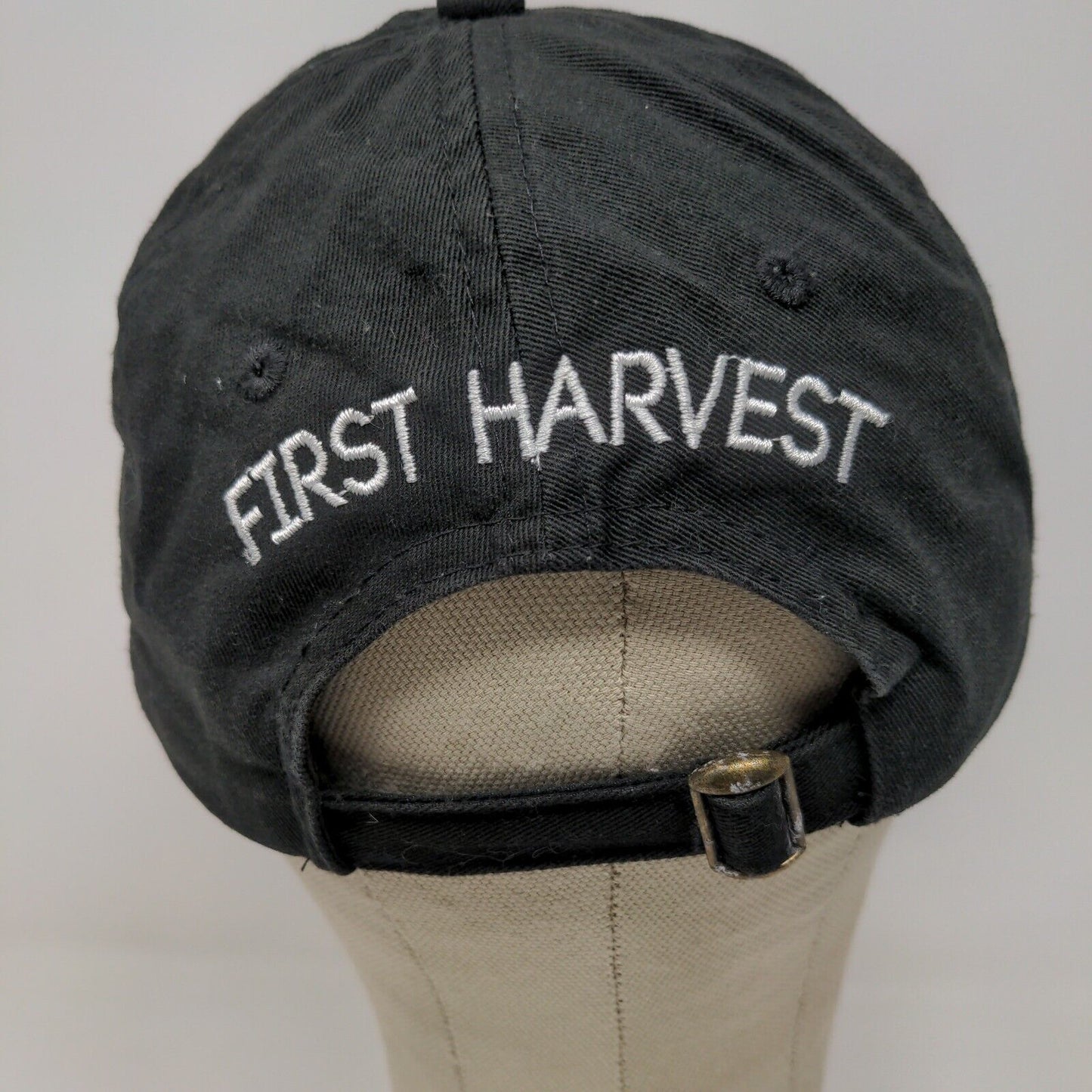 First Harvest Mens Slideback Hat Black Adjustable Embroidered Logo