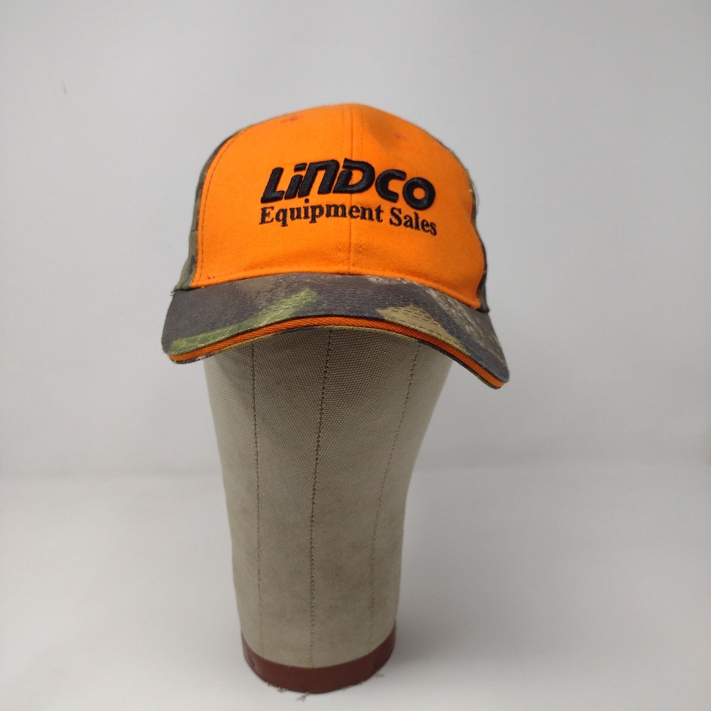 Lindco Equipment Orange & Camo Strapback Hat Embroidered Spell Out Logo