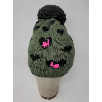 NOBO No Boundaries Beanie Hat Green Hearts Pom Pom One Size Logo