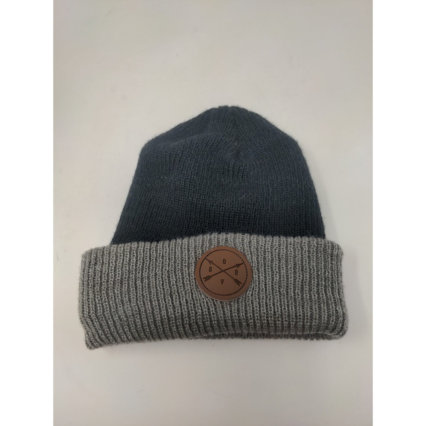 Beanie Hat Blue & Gray Patch Logo 100% Acrylic Made in Canada SDRV