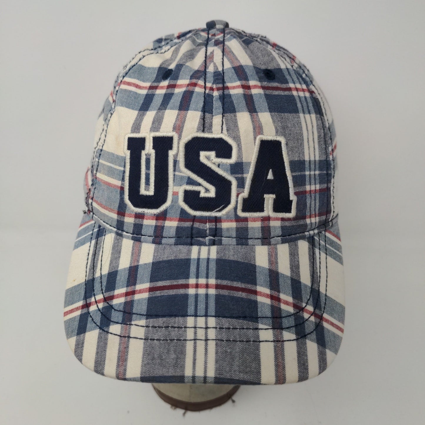 USA Patriotic Blue White Plaid Hat Strapback Cap Embroidered Spell Out