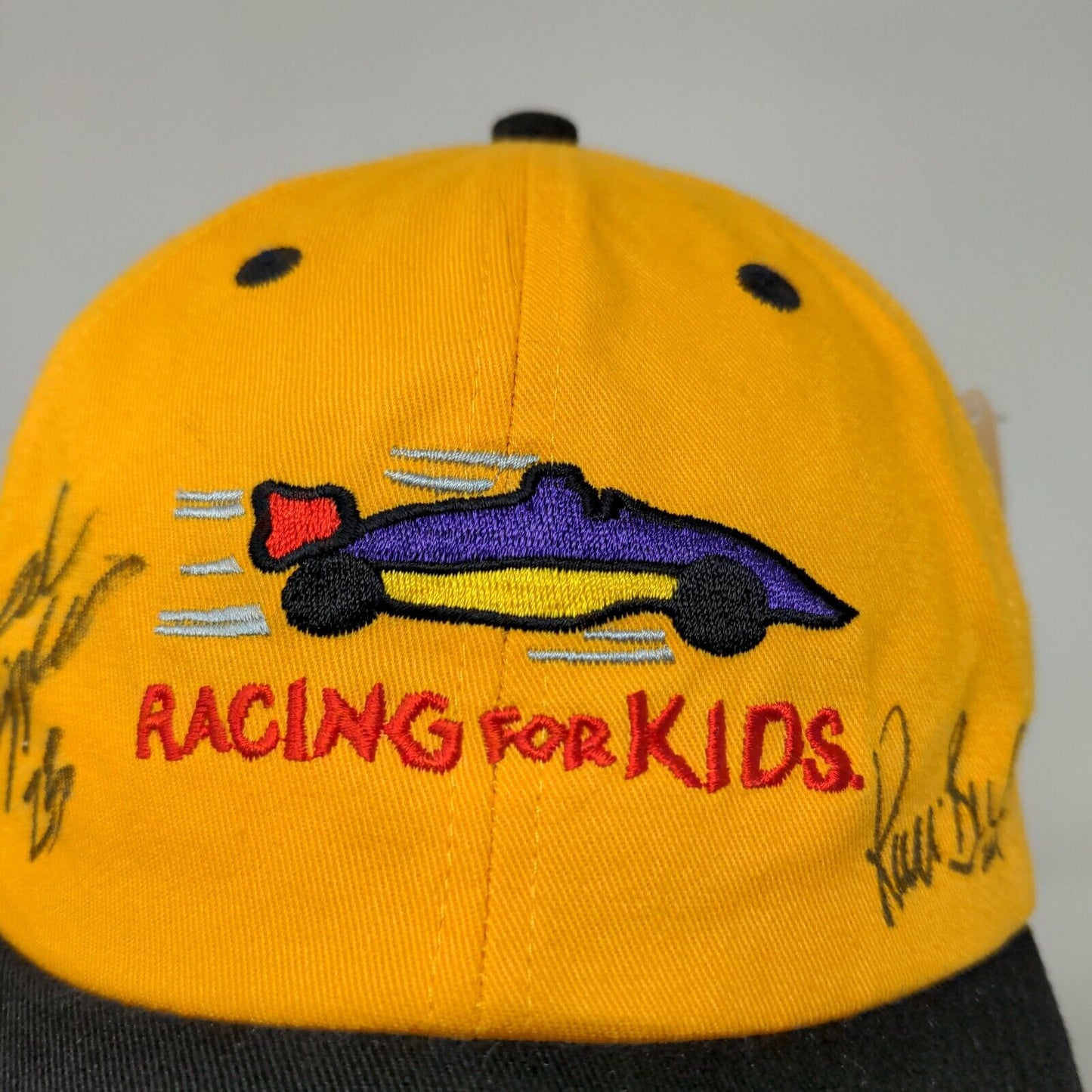 Racing for Kids Men's Strapback Hat Yellow Autographed Embroidered Logo