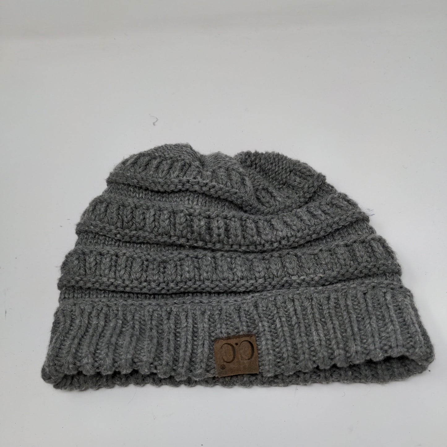C.C. Exclusives Cable Knit Beanie Hat Gray Patch Logo 100% Acrylic