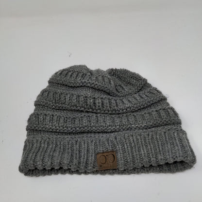 C.C. Exclusives Cable Knit Beanie Hat Gray Patch Logo 100% Acrylic