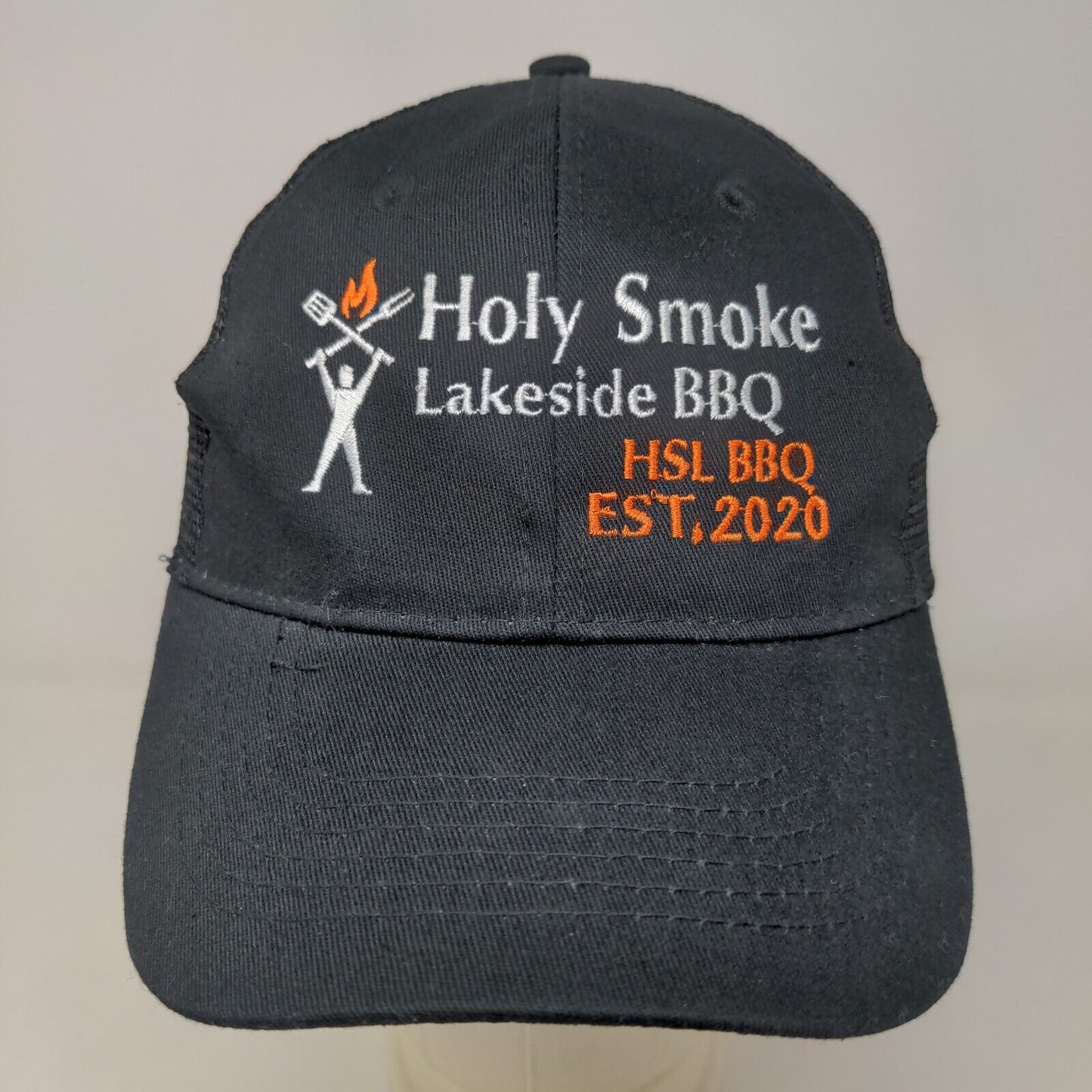 Holy Smoke Lakeside BBQ Men's Snapback Mesh Back Hat Black OSFA Embroidered