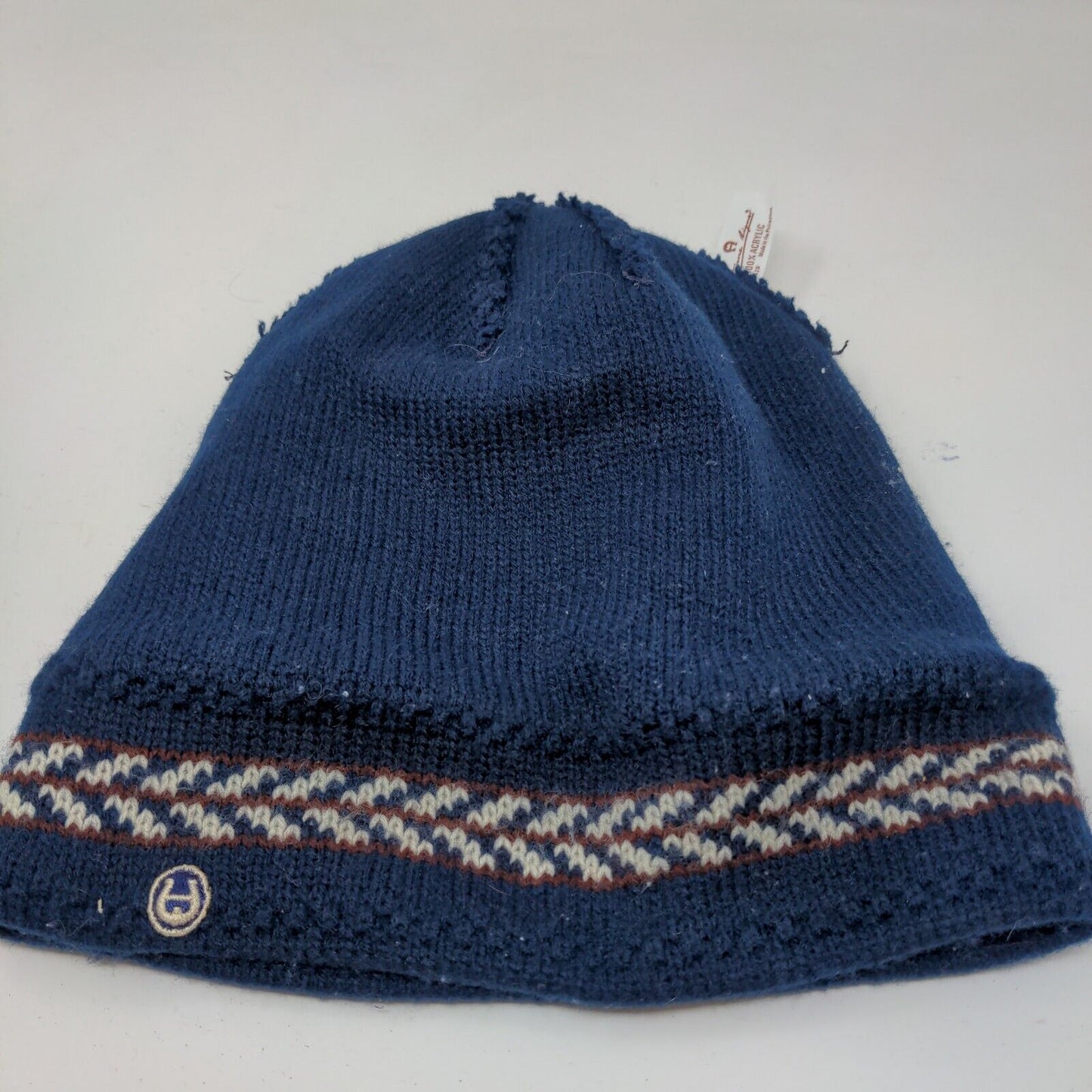 Etienne Aigner Women's Knit Beanie Hat Blue Embroidered Logo Stripe Accent