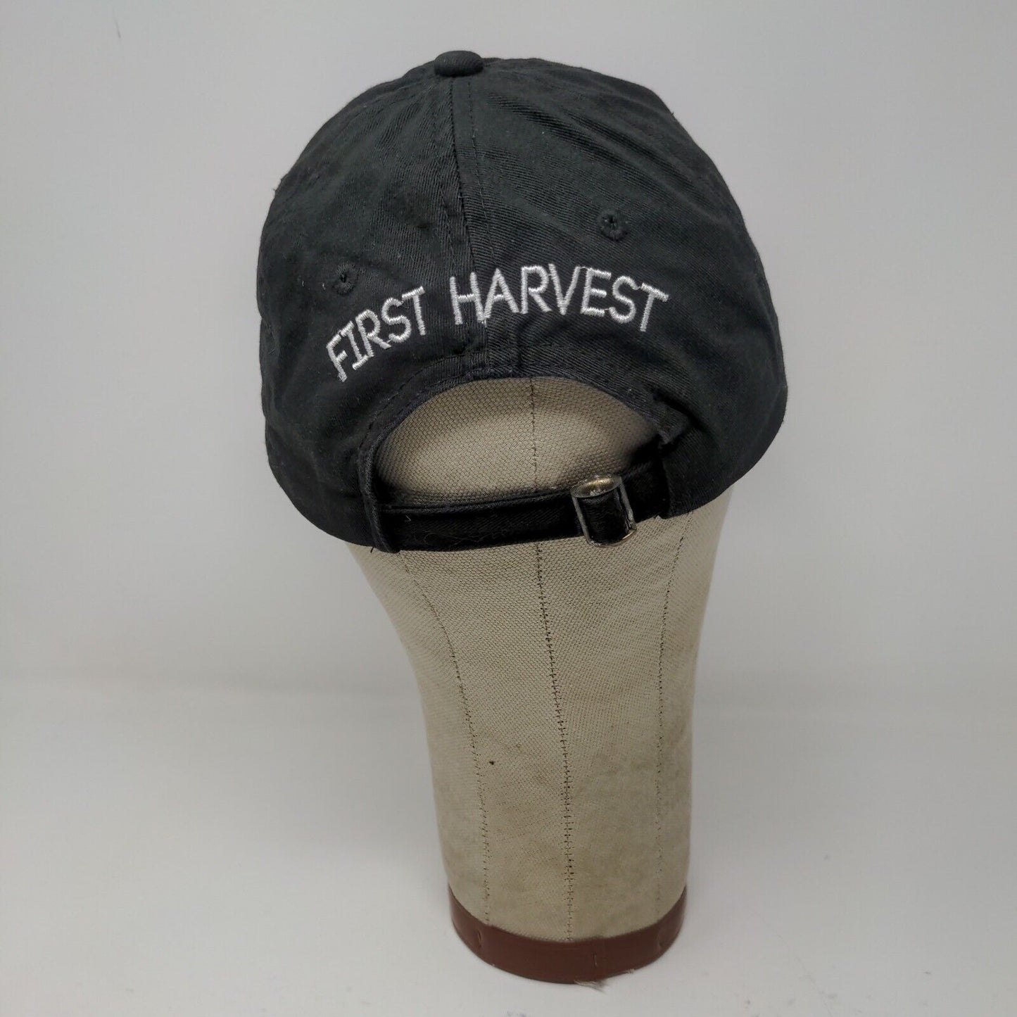 First Harvest Mens Slideback Hat Black Adjustable Embroidered Logo