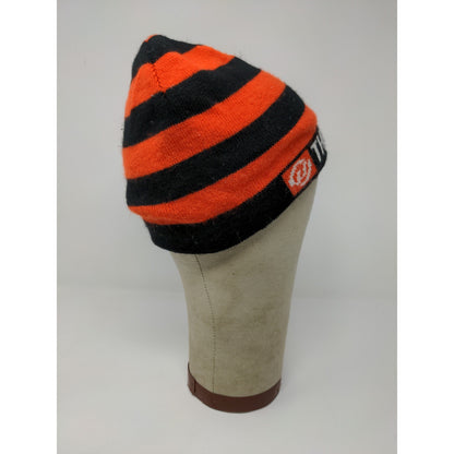 The House Striped Beanie Hat Orange & Black Spell Out Logo Knit