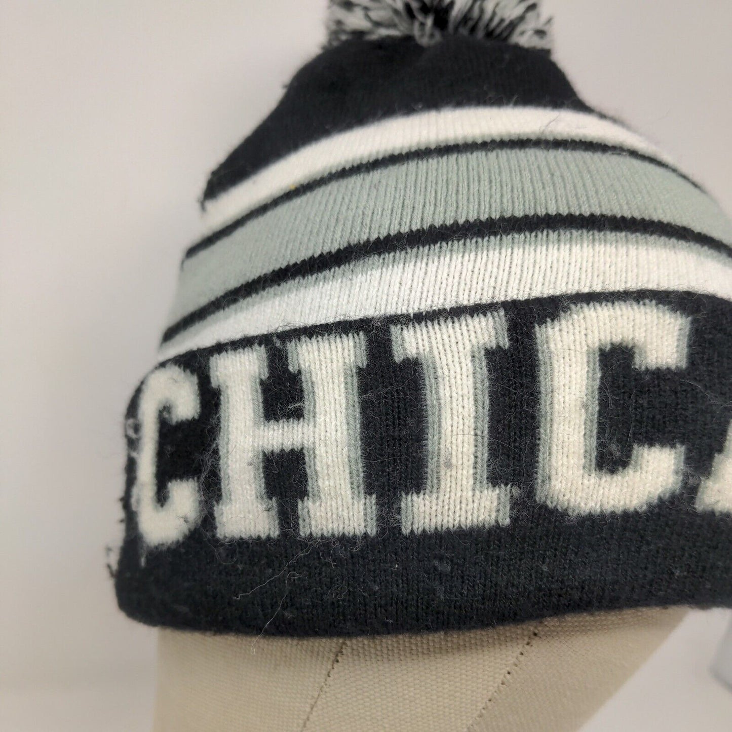 Chicago Spell Out Winter Knit Hat Pom Pom Cap Black and White
