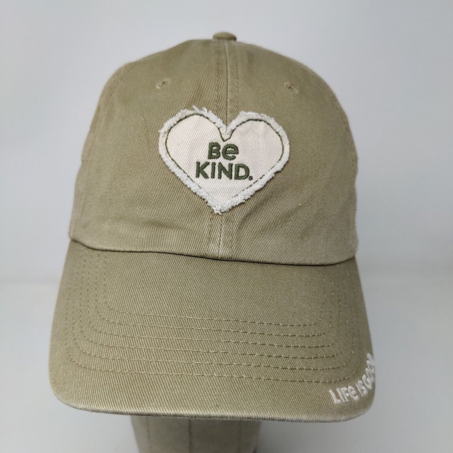 Life Is Good Slideback Hat Green Beige Adjustable Be Kind Embroidered Logo