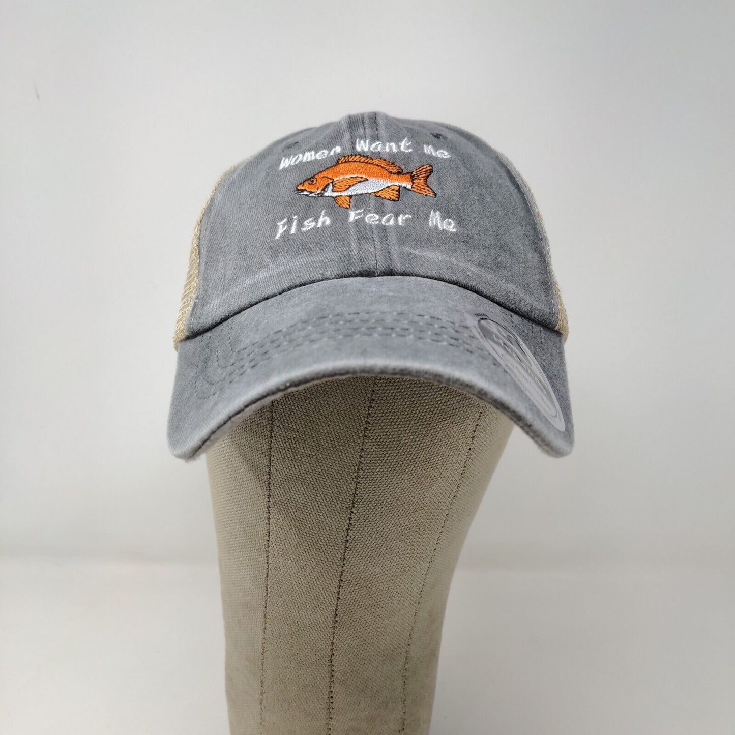 Unbranded Men's Women Want Me Fish Fear Me Slideback Mesh Back Hat Gray Tan