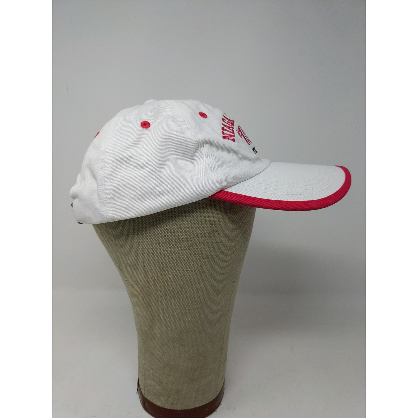 Niagra Falls State Park Slideback Hat White & Pink Embroidered Spell Out