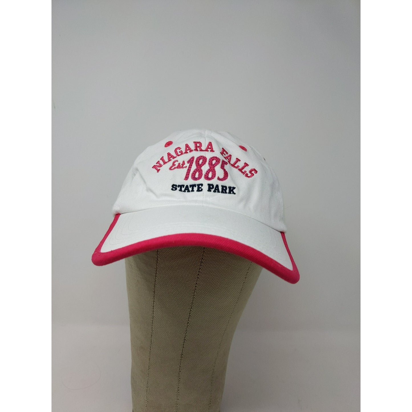 Niagra Falls State Park Slideback Hat White & Pink Embroidered Spell Out